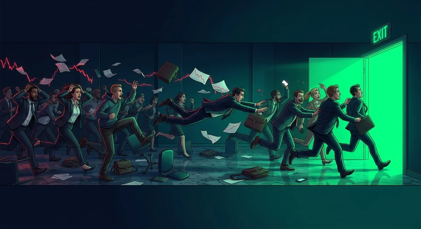 A crowd of panicking traders sprinting toward a glowing neon EXIT door